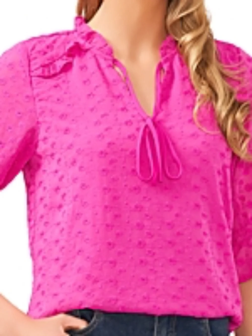 CeCe Women's Embroidered Eyelet V-Neck Top - Magenta Glow S - Picture 2 of 2